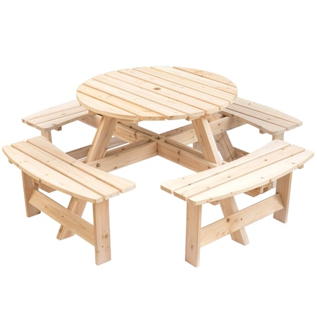 Gardenised Outdoor Round Picnic Table with Bench, 8-Person, Natural Wood QI003903.N